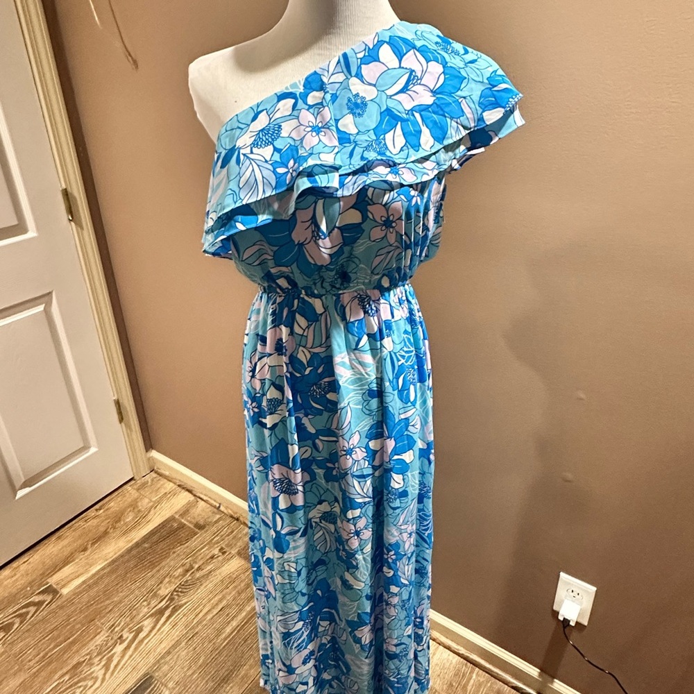 Emily Wonder Floral One-Shoulder Maxi Dress in Blue and Pink